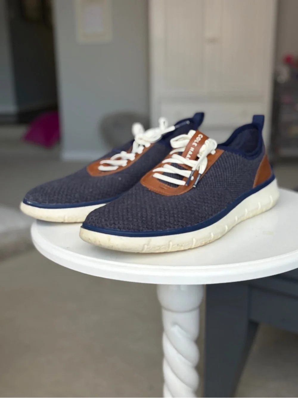 Cole Haan Navy Knit Sneakers with Brown Leather Accents